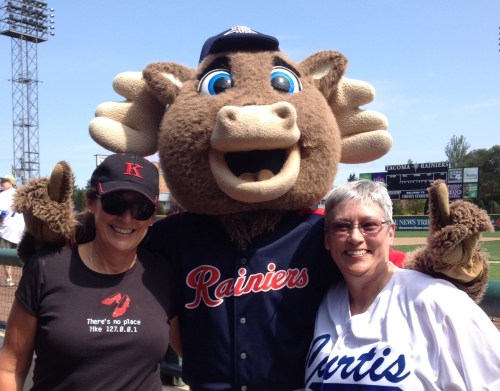 My sister Karen and me with Rhubarb, mascot of Tacoma Rainiers Baseball in Cheney Stadium