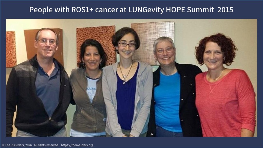 A group of five people smiling together at the LUNGevity HOPE Summit in 2015, showing support for those affected by ROS1+ cancer.